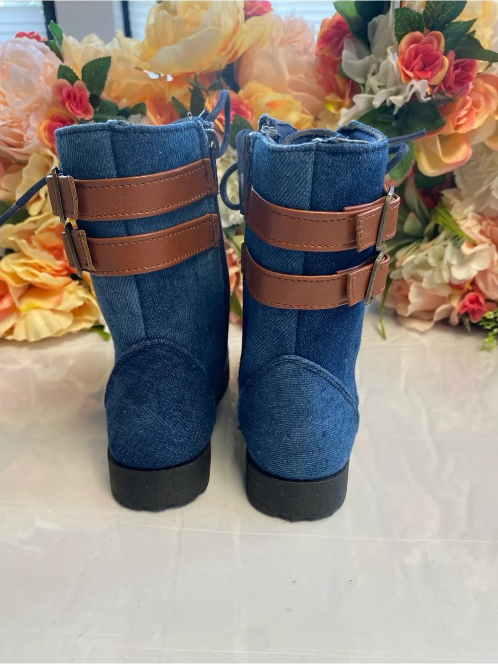 Toddler Denim Moto Lace-Up Boots Side Zip Buckle Blue Size 8